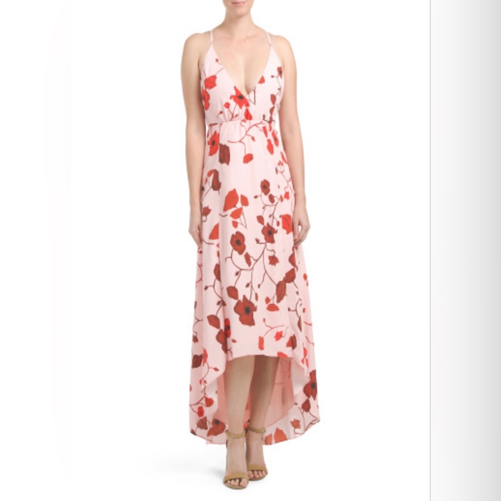 JUNIORS Pink and red floral mazi asymetric dress, size M